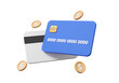 © N ON NE ON - Credit or debit card concept online payments coins floating on isolated background. money transfer shopping financial business transactions. cartoon minimal style. 3d rendering illustration