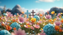 Two Crosses Are In A Grass With Easter Eggs On Them. Generative Ai