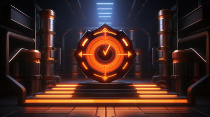 Fototapete - 3D neon platform scene with arrows pointing to center of orange gradient. Generative Ai