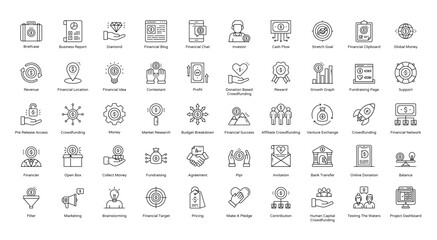 Crowdfunding Thin Line Icons Affiliate Financial Banking Iconset in Outline Style 50 Vector Icons in Black