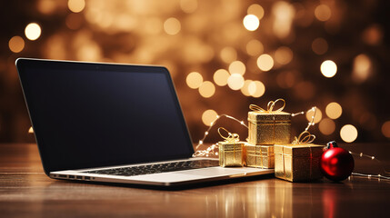 Poster - Christmas Sales and shopping online, Laptop with blank screen and credit card. Generative Ai