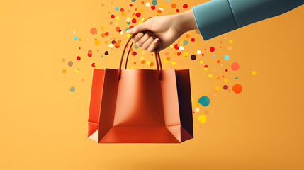 Illustration of hand holding shopping bag, online shopping concept, yellow background. Generative Ai