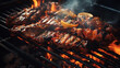 Close-up top view of barbecue fire with old grill, Food preparing concept with bbq fire. Generative Ai
