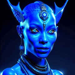 Wall Mural - blue humanoid avatar with bioluminescent avatar markings dots and patterns on their skin, AI generated