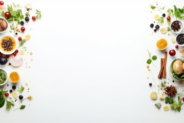 Multi purpose blank board with fruits, vegetables, spices, and and small tableware items, suitable for menus etc., background with copy space