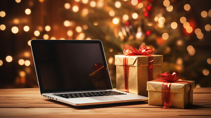Poster - Laptop near plastic card, present boxes, fir snag and fairy lights. Generative Ai
