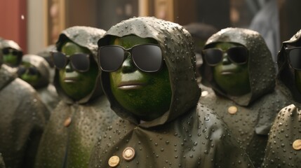 Canvas Print - A group of green alien humanoids wearing sunglasses. AI