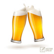 3D realistic two glasses of light beer toasting creating splash