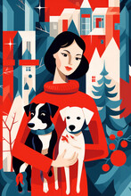 Bolero Block Illustration Of Young Brunette Woman In Red Christmas Sweater With Dog Family Animal Companion And Decoration/ornaments/tree For Cards/print