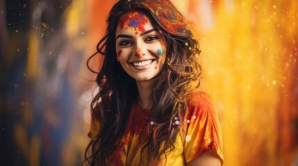 Happy Indian girl having fun at the Holi color festival in India. Indian Girl's face covered in bright powder at Holi colors celebration. Laughing young woman covered in colorful powder at holi.