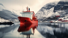 Red Freight Pallet Carrier Ship Moored In Norway