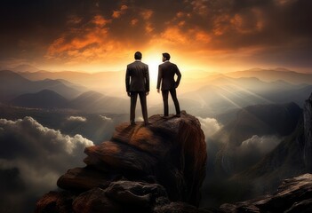 Wall Mural - businessman standing on top of the mountain
