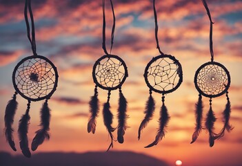 dreamcatcher sunset sky, boho chic, ethnic amulet symbol indigenous peoples day and native americans