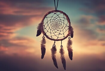 Dreamcatcher sunset sky, boho chic, ethnic amulet symbol Indigenous Peoples Day and Native Americans Day