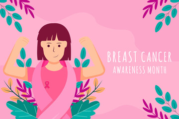 Wall Mural - Breast Cancer Awareness Month background illustration with a women