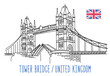 Tower Bridge, London, United Kingdom. Vector sketch drawing. Illustration isolated on white background. Outline stroke is not expanded, stroke weight is editable