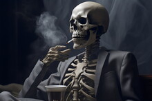 Skeleton Wearing Suit Jacket Smoking Cigarette In Dark Bar