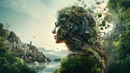 Futuristic, eco, nature, biodiversity, global, economic, environment, people, well - being, collage, Generative AI