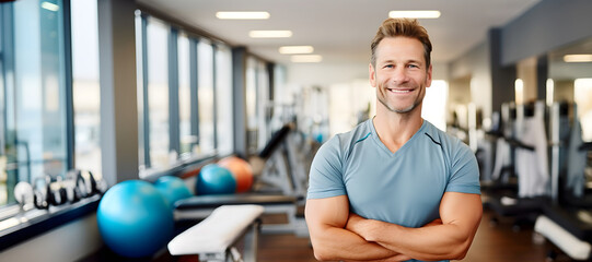 Wall Mural - portrait of smiling man with arms crossed in fitness club or gym. Banner with Copy space.