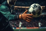 Fototapeta Sport - Goalkeeper catches the ball in the stadium, The football player in the stadium. ai generative
