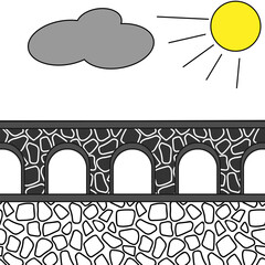 Vector outline illustration of landscape with aqueduct, bridge stones, sun, cloud isolated on a white background