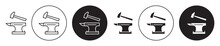 Blacksmith Icon Set. Metal Ironwork Anvil With Hammer Vector Symbol. Steel Craftsmanship Blacksmith Sign In Black Filled And Outlined Style.