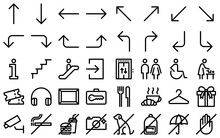Museum Wayfinding Line Icon Set. Ticket Office, Audio Guide, Art Gallery, Gift Shop Outline Symbols. Prohibition Pictograms In Linear Style. Editable Stroke. Vector Graphics