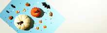 Pumpkins With Halloween Decorations - Overhead View Flat Lay
