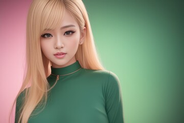 Wall Mural - Beautiful asian sexy pretty fashion model blond hair young woman wear green dress with lace style for party office clothes organic natural dress green background makeup lady. Generative AI