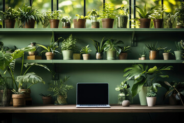 Poster - Computer desk and plant on the shelves in the office