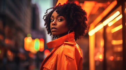 Wall Mural - beautiful black woman with afro hair in city photoshoot, urban fashion, bold contrast with bokeh background, generative ai, 