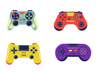 Poster - Joystick set. Colorful controllers for video games. Different bright gamepads collection. Wireless entertainment gadgets with buttons. Game equipment. Vector Cartoon flat isolated illustration