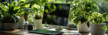 Workplace Monitor Near Window With Many Green Potted Plants, Panoramic