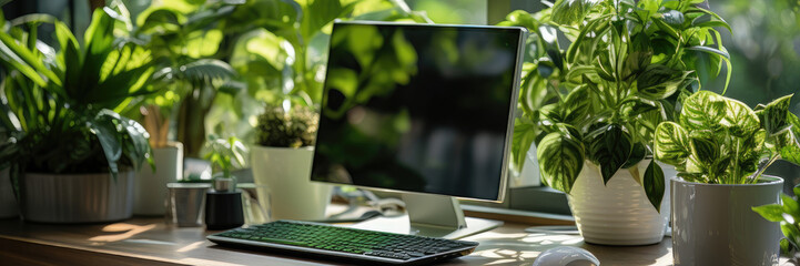 workplace monitor near window with many green potted plants, panoramic