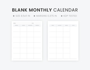 Wall Mural - Printable Blank Monthly Calendar Template. Minimalist Monthly Blank Calendar Page Design