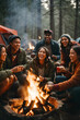© kapros76 - Joyous group of millennials laughing and sitting around a campfire. Image created using artificial intelligence.