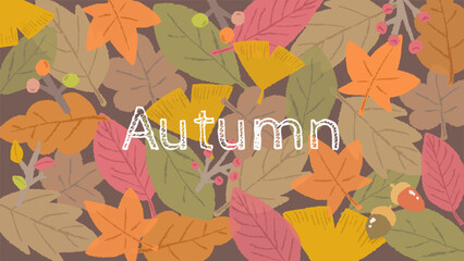 Wall Mural - Autumn plants, background scattered with autumn leaves and ginkgo biloba, textured hand-drawn colored pencil illustration / 秋の植物、紅葉やイチョウがちらばった背景、質感のある色鉛筆の手描きイラスト