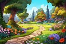 Free Beautiful Green Garden Cartoon Background Illustration Generative AI