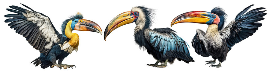 Set oF Wreathed Hornbill( Rhyticeros undulatus) bird cut out transparent isolated on white background ,PNG file ,artwork graphic design ,Generative AI