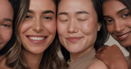 skincare group, face or women smile for anti aging cosmetics, beauty glow and spa wellness support. 