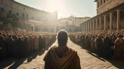 Rear view Jesus preaches to people on streets of Rome. Concept of spread of Christianity