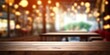 © Thares2020 - Urban elegance. Empty wooden table in modern cafe. Nighttime vibes. Abstract bar counter blurred background. Retro chic. Vintage coffee shop interior
