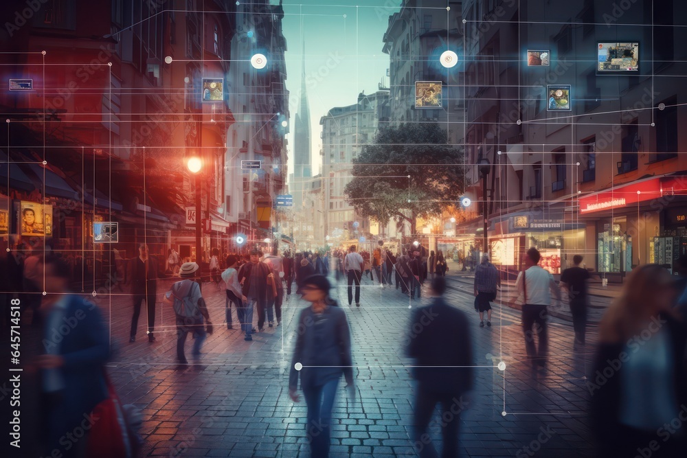 Surveillance camera of a crowd of people walking along busy city ...