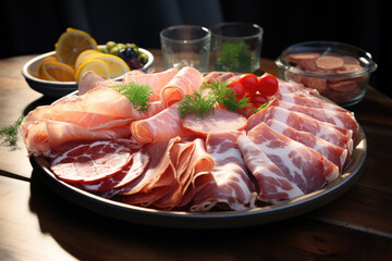 Mix, assorted sausages and ham in a plate