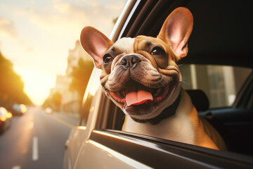 Poster - Photography of a happy beautiful dog traveling by car and enjoying weekend trip generative ai concept