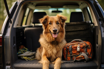 Poster - Generative AI picture of funny dog sitting in car trunk ready for summer vacation trip