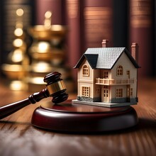 Miniature House And Judge Hammer Gavel And Scales Of Legal Justice, Ai Generative