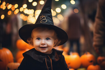 Little kid baby in witch costume celebrating first halloween holiday Generative AI picture