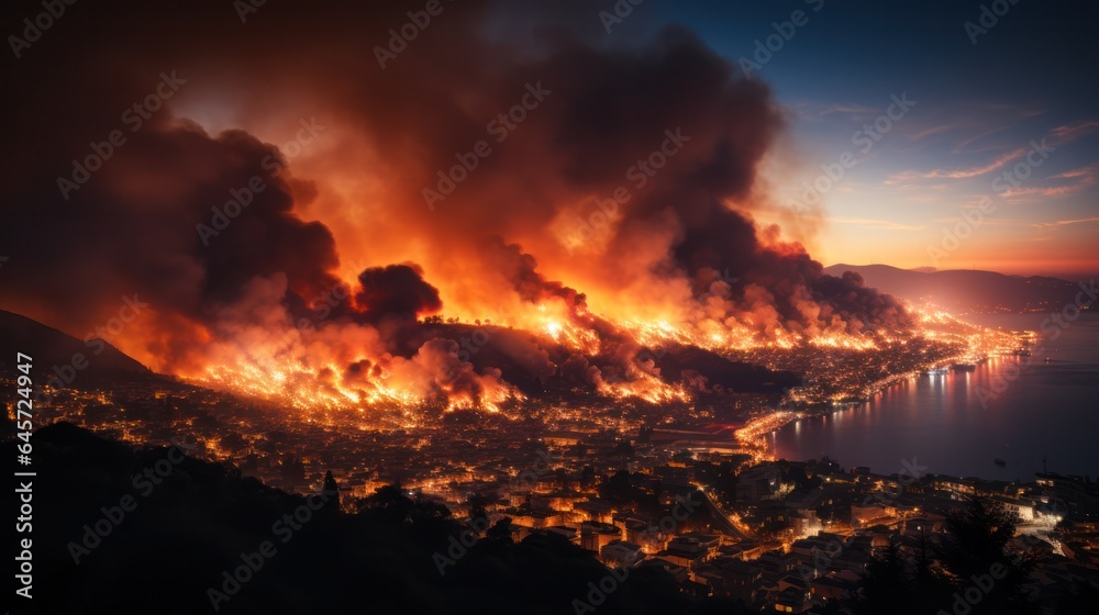 engulfed forest fires come close to the city and houses, environmental ...