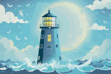 Lighthouse Storm Sea Illustration